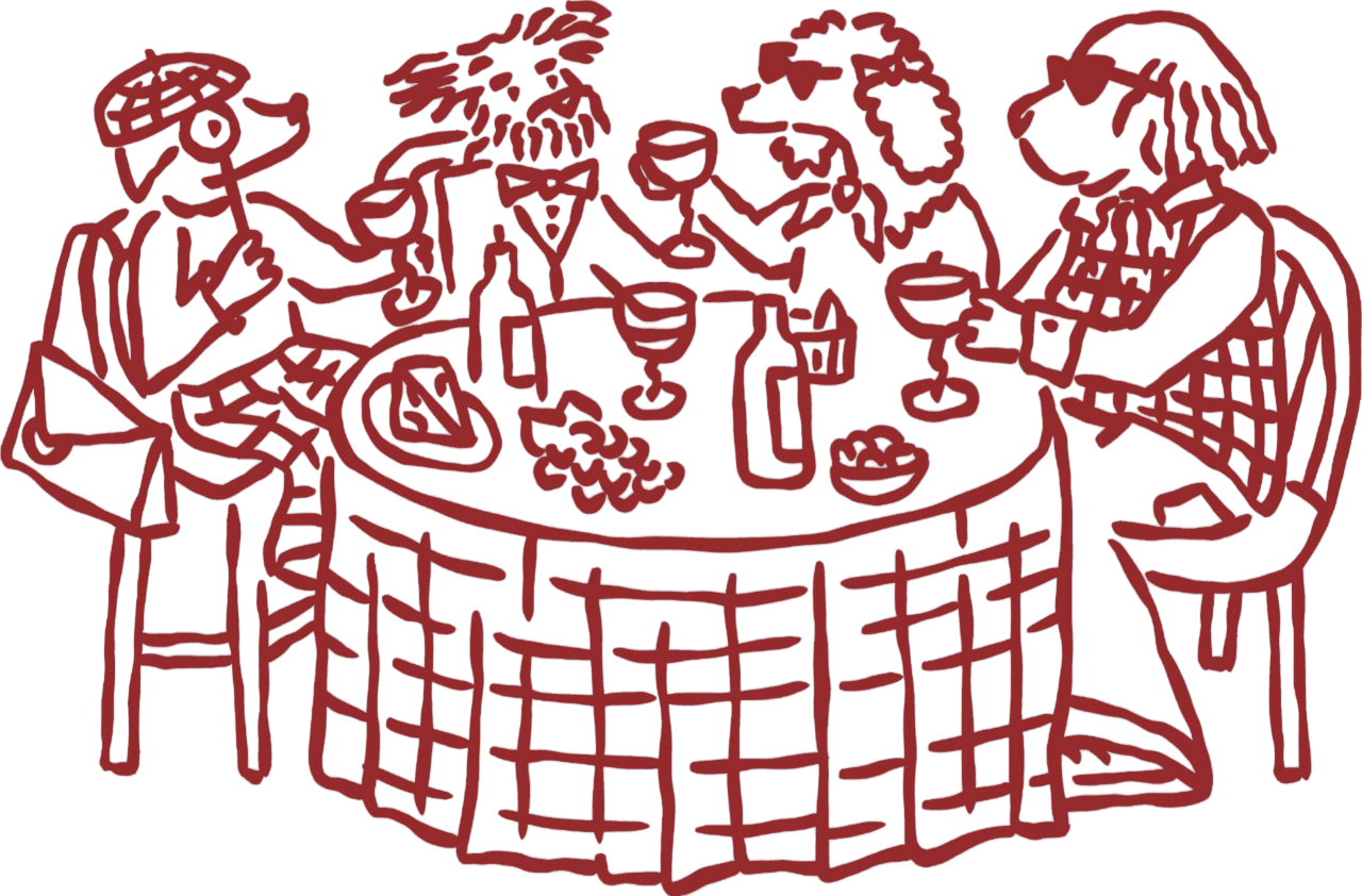 Illustration of friends sharing wine around a dinner table