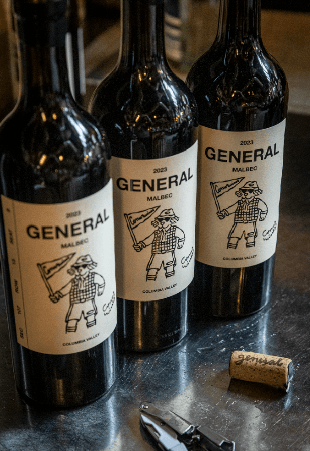 Three bottles of General on a bar